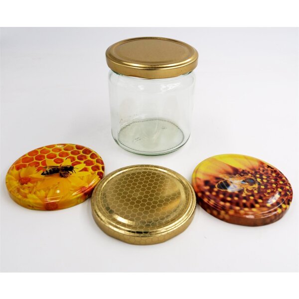 Rundglas mit Twist-off Deckel Sonnenblume Biene für 500g Honig