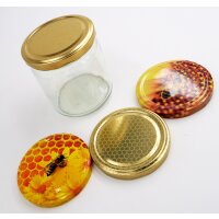 Rundglas mit Twist-off Deckel Sonnenblume Biene für 500g Honig