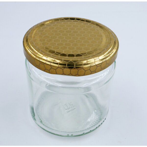 Rundglas mit Twist Off Deckel Gold mit Wabe für 250g Honigglas