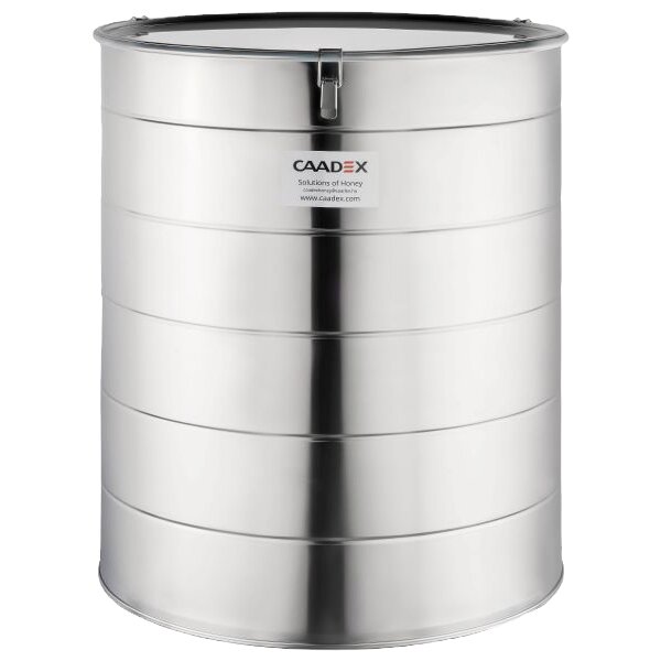 Storage container for honey made of stainless steel with lid and tension lock